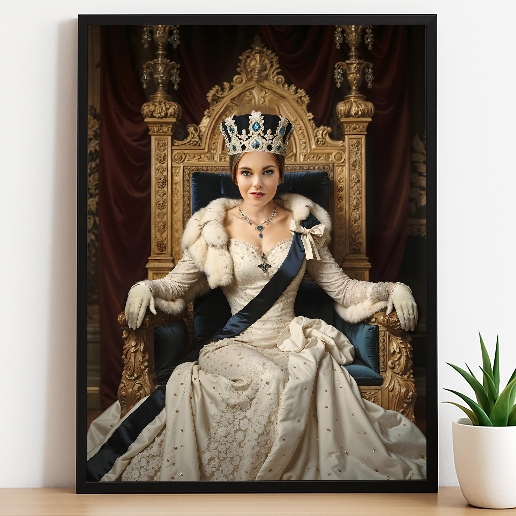 Custom Throne Queen Portrait – Woman with Crown and Cape in Regal Chair