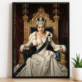 Custom Throne Queen Portrait – Woman with Crown and Cape in Regal Chair