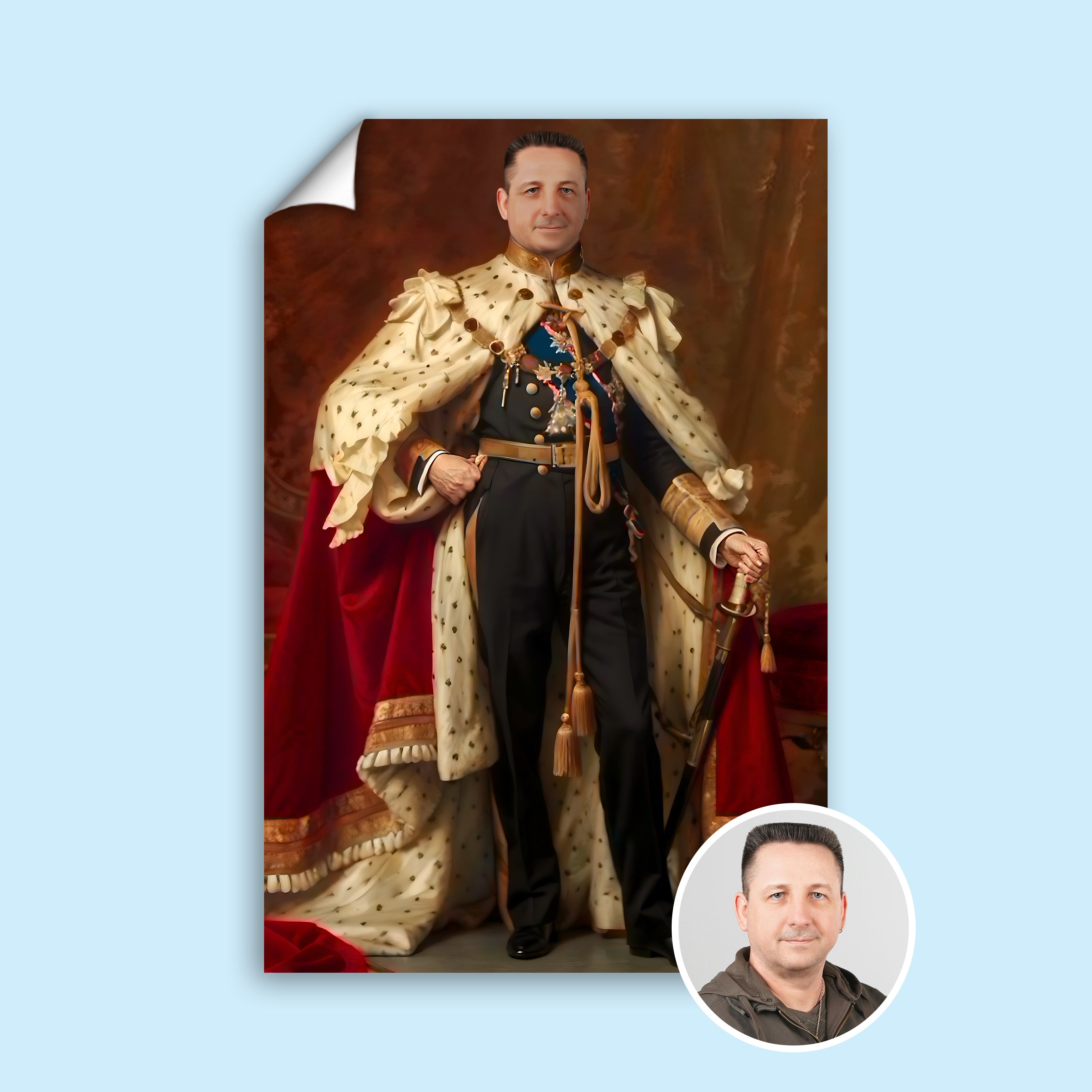 Custom Royal Commander Portrait – Man Standing in Cape with Sword