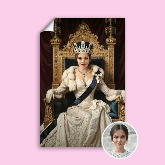 Custom Throne Queen Portrait – Woman with Crown and Cape in Regal Chair
