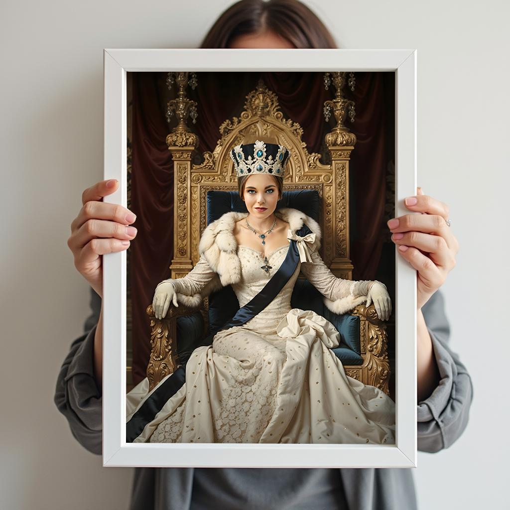 Custom Throne Queen Portrait – Woman with Crown and Cape in Regal Chair