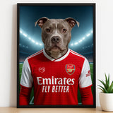 Custom pet portrait of a dog in 2025/26 Arsenal football jersey