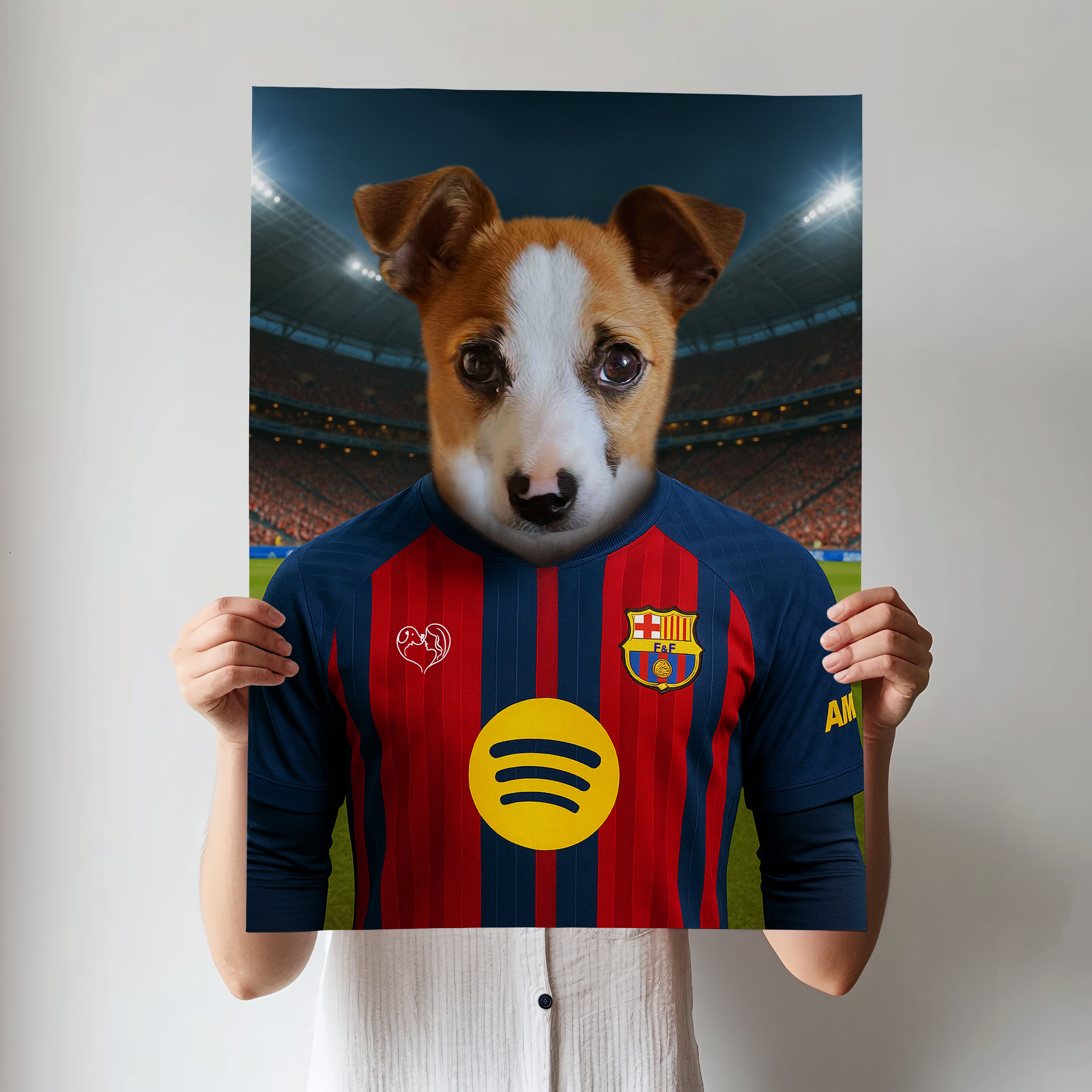 Custom pet portrait of a dog in 2025/26 Barcelona football jersey
