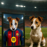Custom pet portrait of a dog in 2025/26 Barcelona football jersey