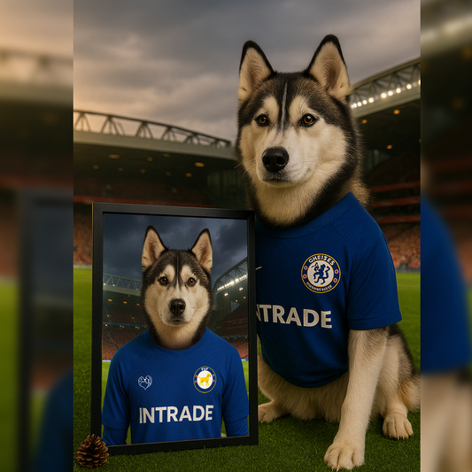 Custom pet portrait of a dog in 2025/26 Chelsea football jersey