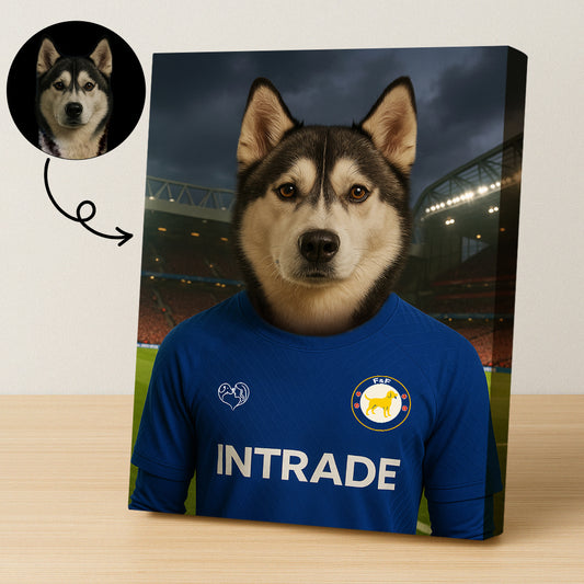 Custom pet portrait of a dog in 2025/26 Chelsea football jersey