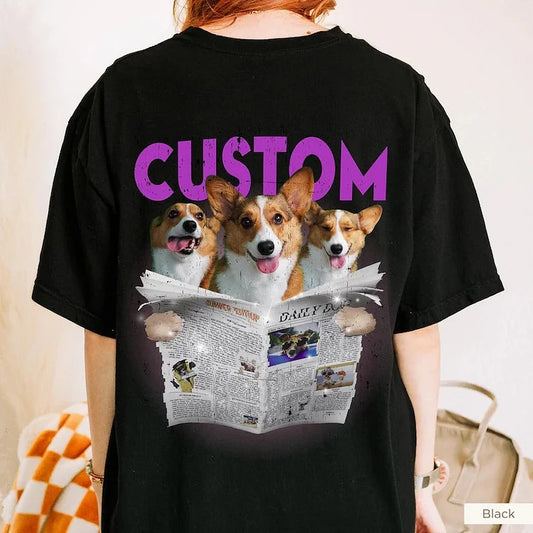Custom Newspaper style Bootleg Pet T-shirt, Personalized 90s Tee with Pet Name & Photos