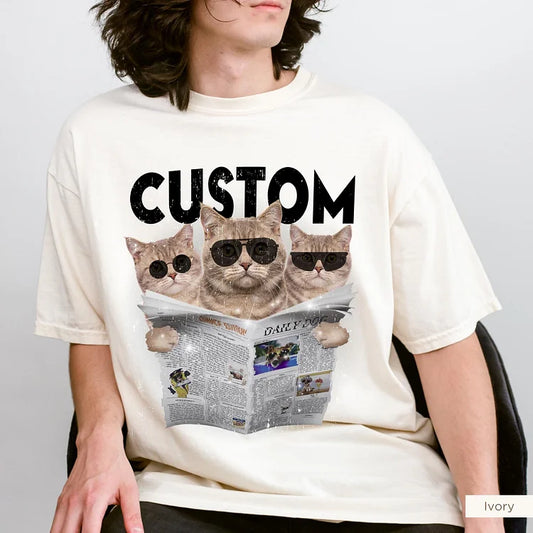 Custom Newspaper style Bootleg Pet T-shirt, Personalized 90s Tee with Pet Name & Photos