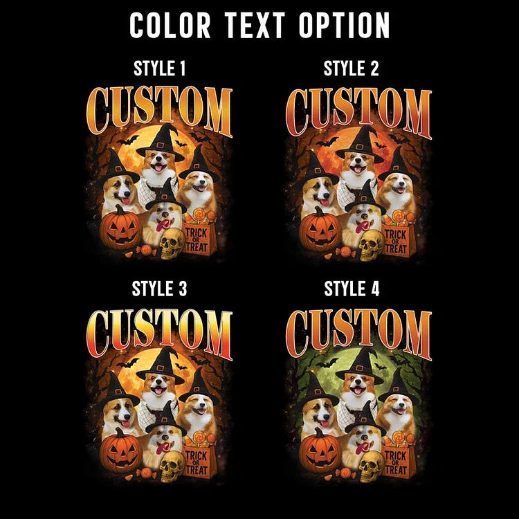Four Halloween-themed custom design options with dogs, pumpkins, and text on a black background.
