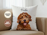 llustrated custom pet pillow featuring a brown dog portrait with the name “Frankie” printed above, on a white cushion cover.