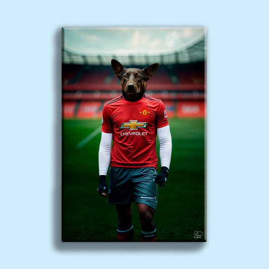 Custom pet portrait of a dog or cat wearing a Manchester United football jersey, hand-illustrated in a sporty, fan-themed style based on a real photo

