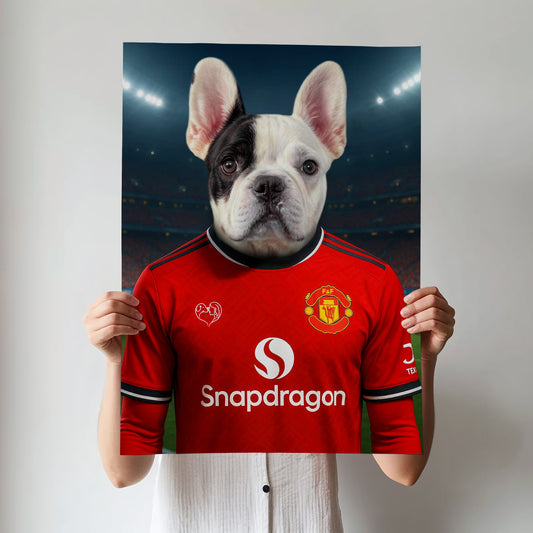 Custom pet portrait of a dog in 2025/26 Manchester United football jersey