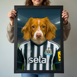 Custom pet portrait of a dog in 2025/26 Newcastle United football jersey