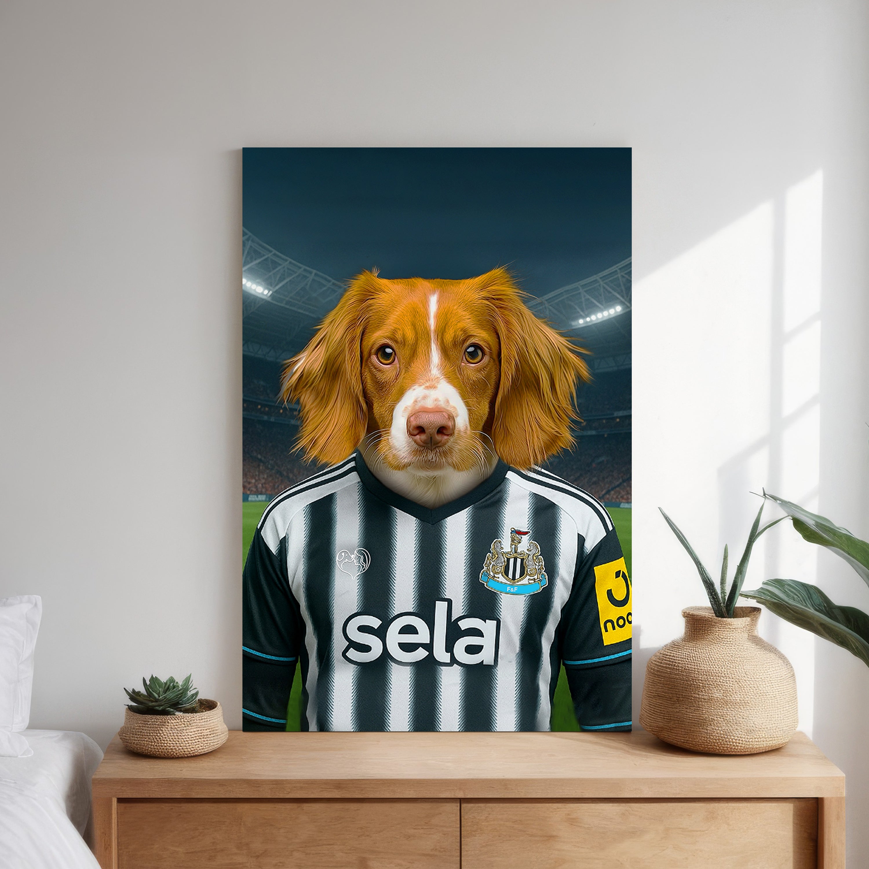 Custom pet portrait of a dog in 2025/26 Newcastle United football jersey