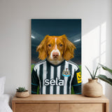 Custom pet portrait of a dog in 2025/26 Newcastle United football jersey