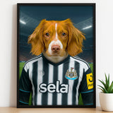 Custom pet portrait of a dog in 2025/26 Newcastle United football jersey