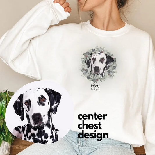 Personalized Pet Face Printed T-shirt Sweatshirt Hoodie Using Photo Name Custom Portrait Floral Wreath