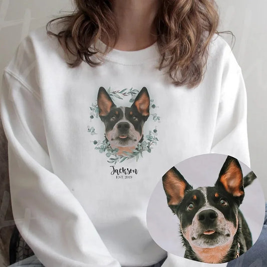 Personalized Pet Face Printed T-shirt Sweatshirt Hoodie Using Photo Name Custom Portrait Floral Wreath