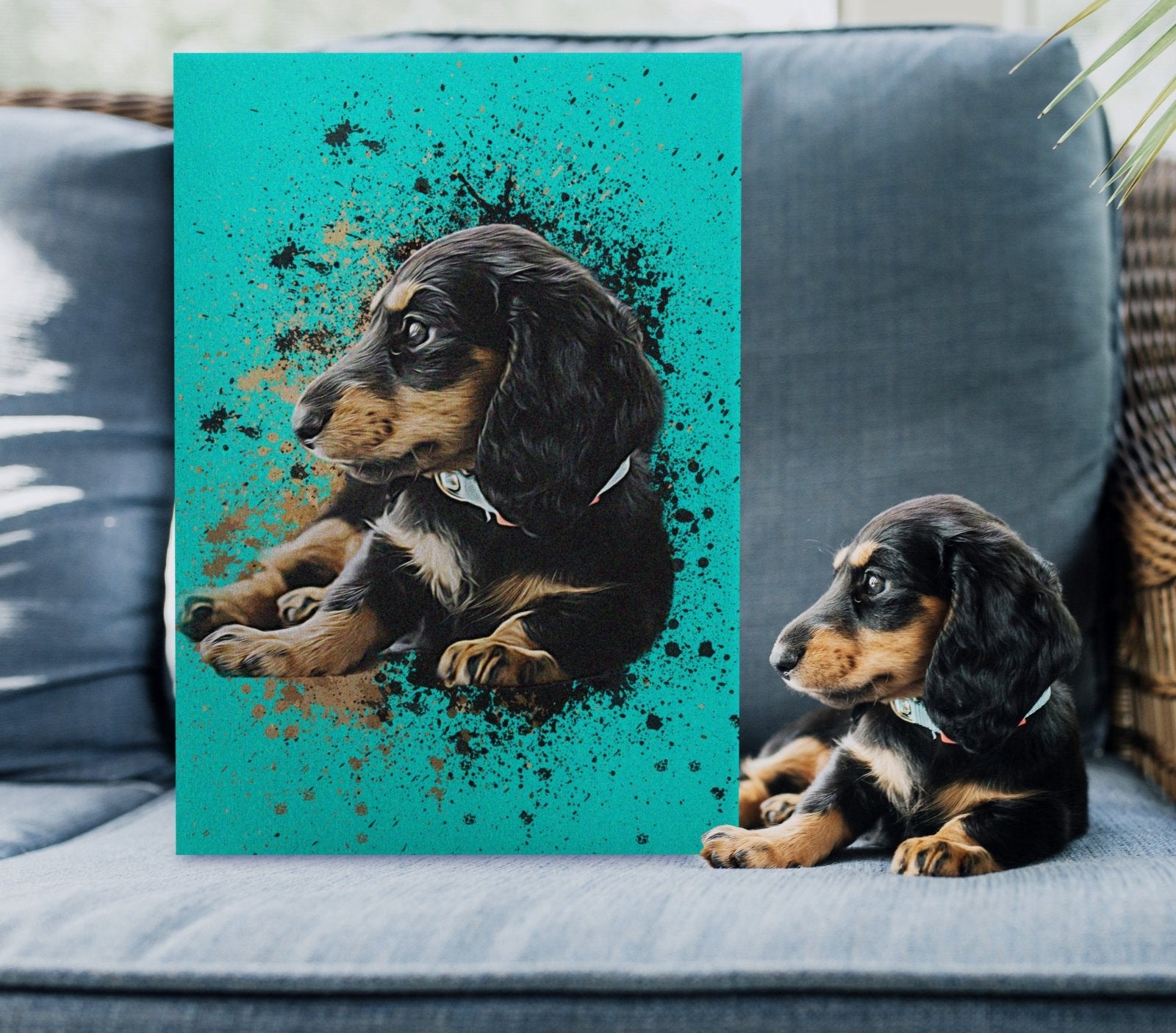 Custom contemporary pet portrait featuring a dog or cat in a vibrant, modern style with geometric shapes and bold colors