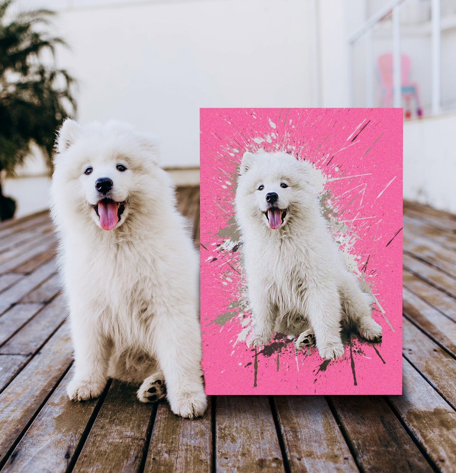 Custom contemporary pet portrait featuring a dog or cat in a vibrant, modern style with geometric shapes and bold colors