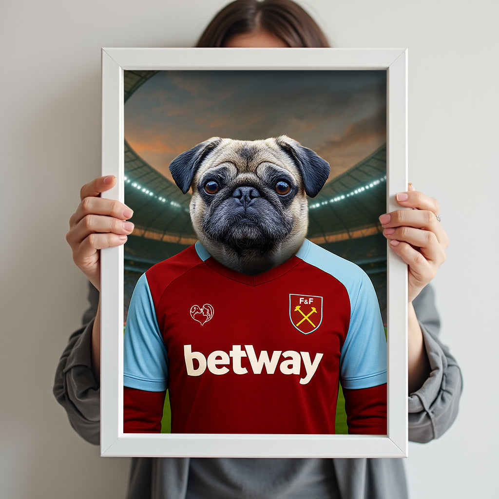 Custom pet portrait of a dog in 2025/26 West Ham United football jersey