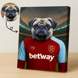 Custom pet portrait of a dog in 2025/26 West Ham United football jersey