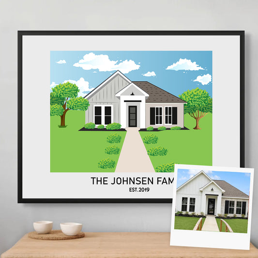 Custom illustrated house portrait in watercolor style