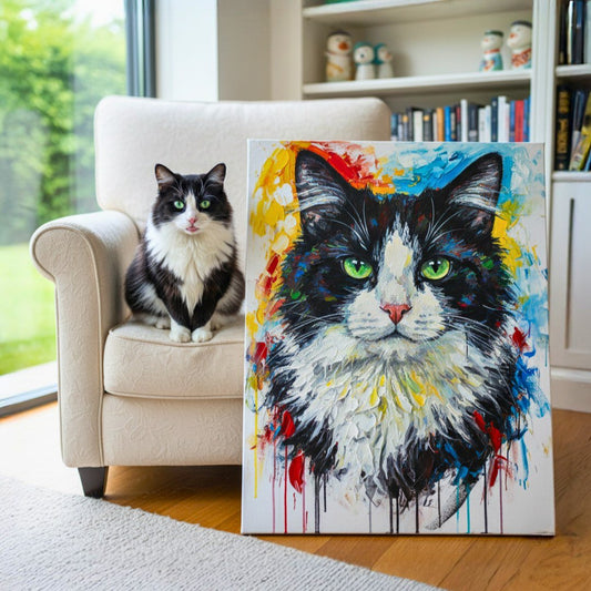 Real cat sitting on a chair next to a colorful painting of a cat's face.