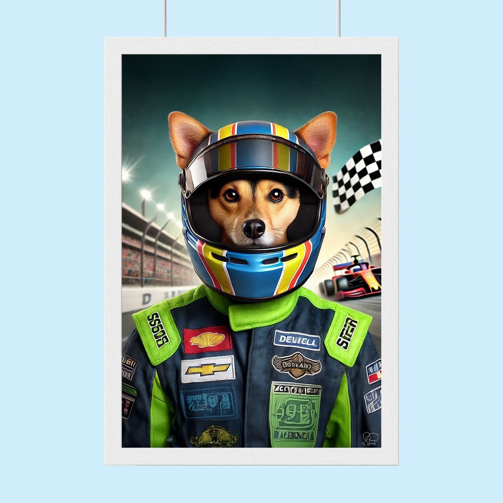 Custom Racing Car Champion Pet Portrait – Personalized Motorsport Pet Art - 1 Pet - Furr and Family