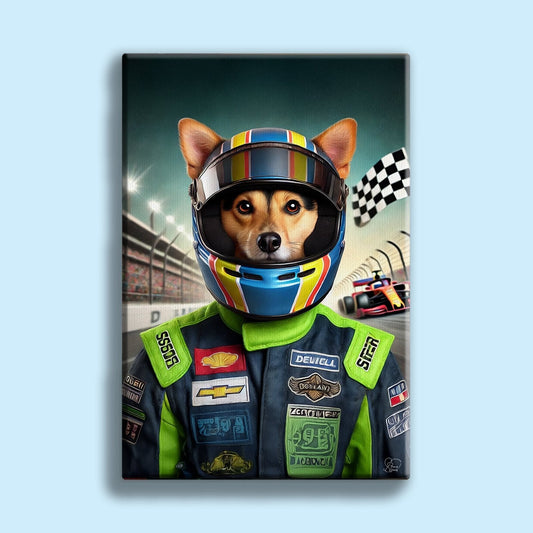 Custom Racing Car Champion Pet Portrait – Personalized Motorsport Pet Art - 1 Pet - Furr and Family
