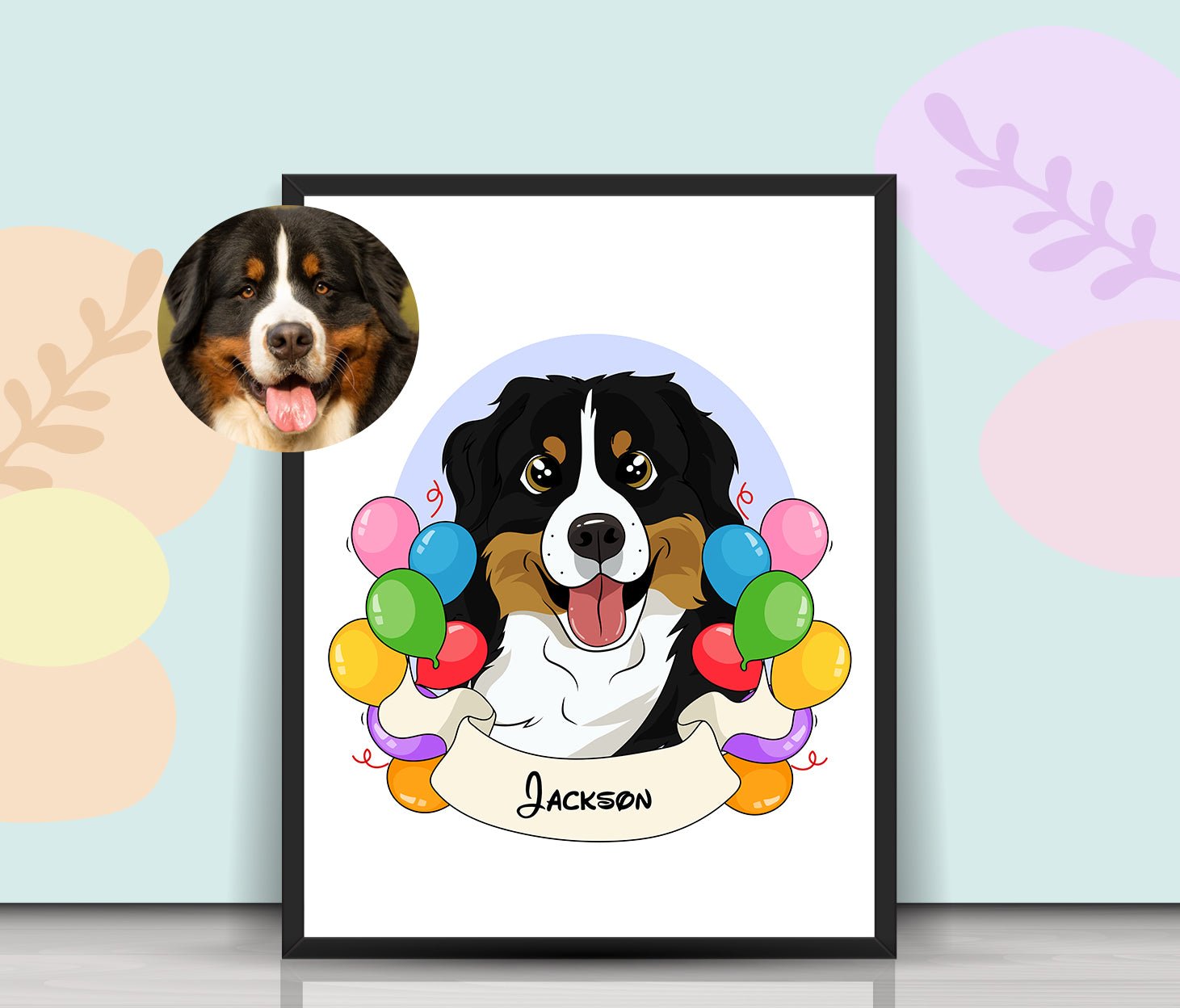 Floral Pet Cartoon - Custom Pet Portrait - 1 Pet - Furr and Family