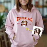 Custom Dog Hoodie Embroidered Dog Name, Personalized Pet Face Sweatshirt, Varsity Style Hoodie- Varsity Colorful Design