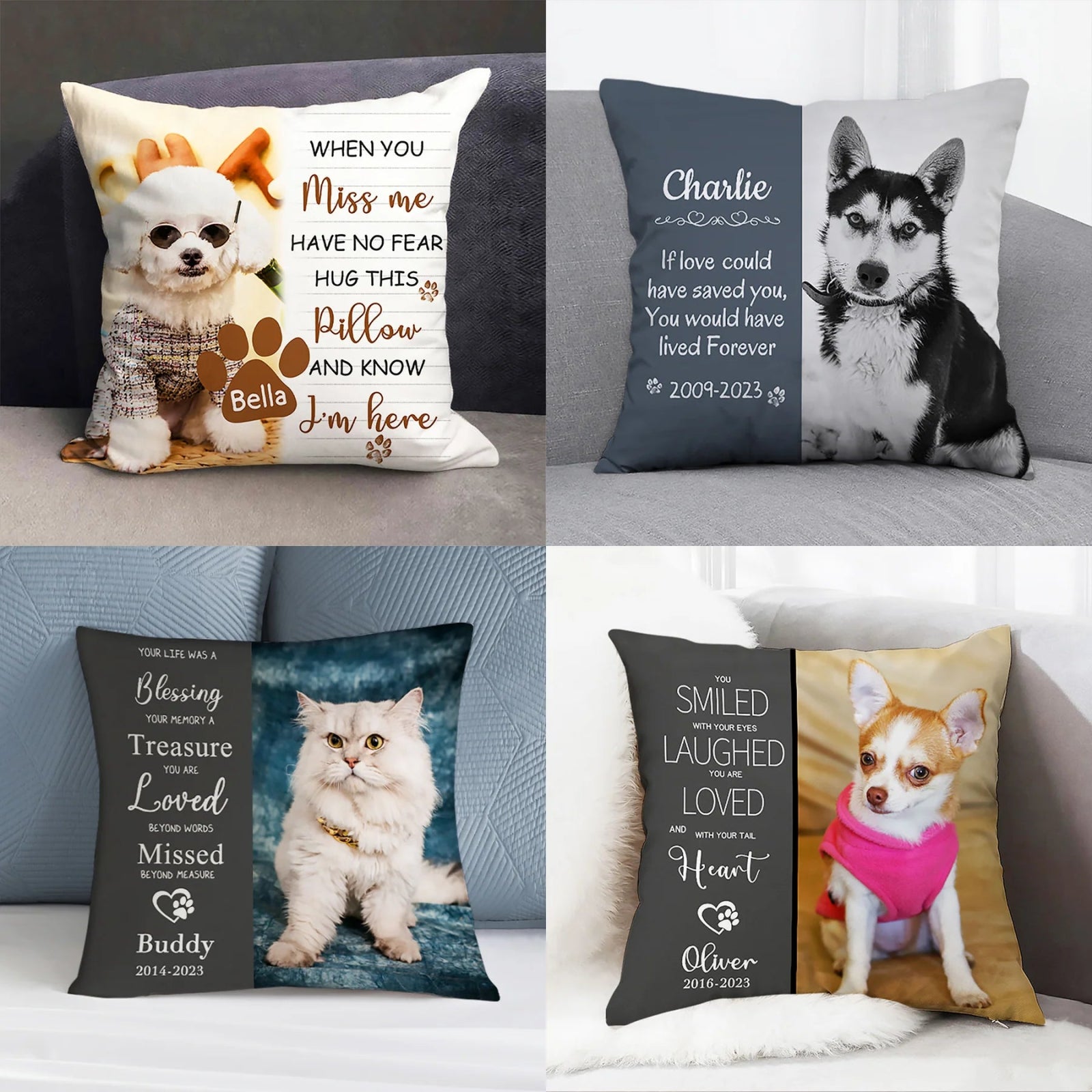 Pet Memorial Pillow with Dog Portrait Personalized Sympathy Gift for Loss of Pet - 1 Pet - Furr and Family